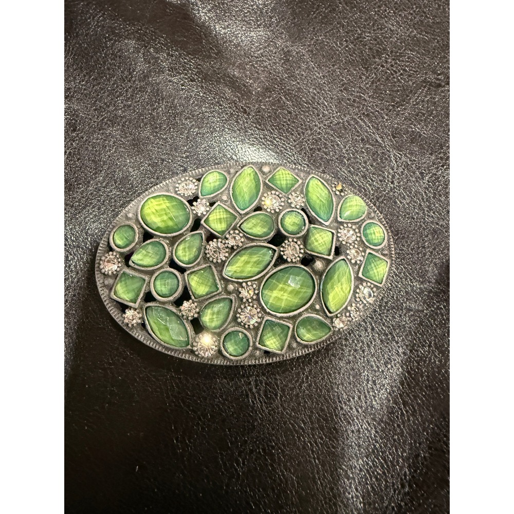 Vintage Green Cats Eye Rhinestone Oval Belt Buckle Silver Tone Western Boho